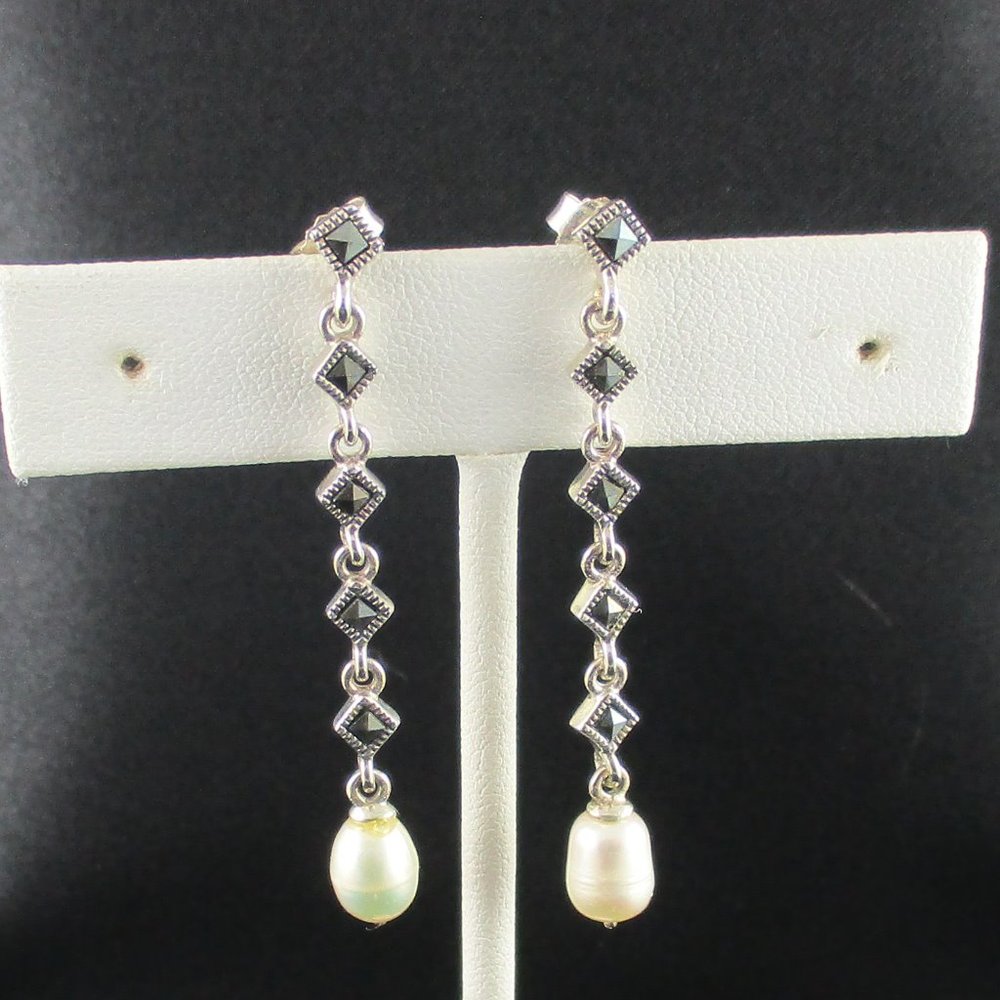 Marcasite & Pearl Sterling Silver Earrings - Picture 3 of 3